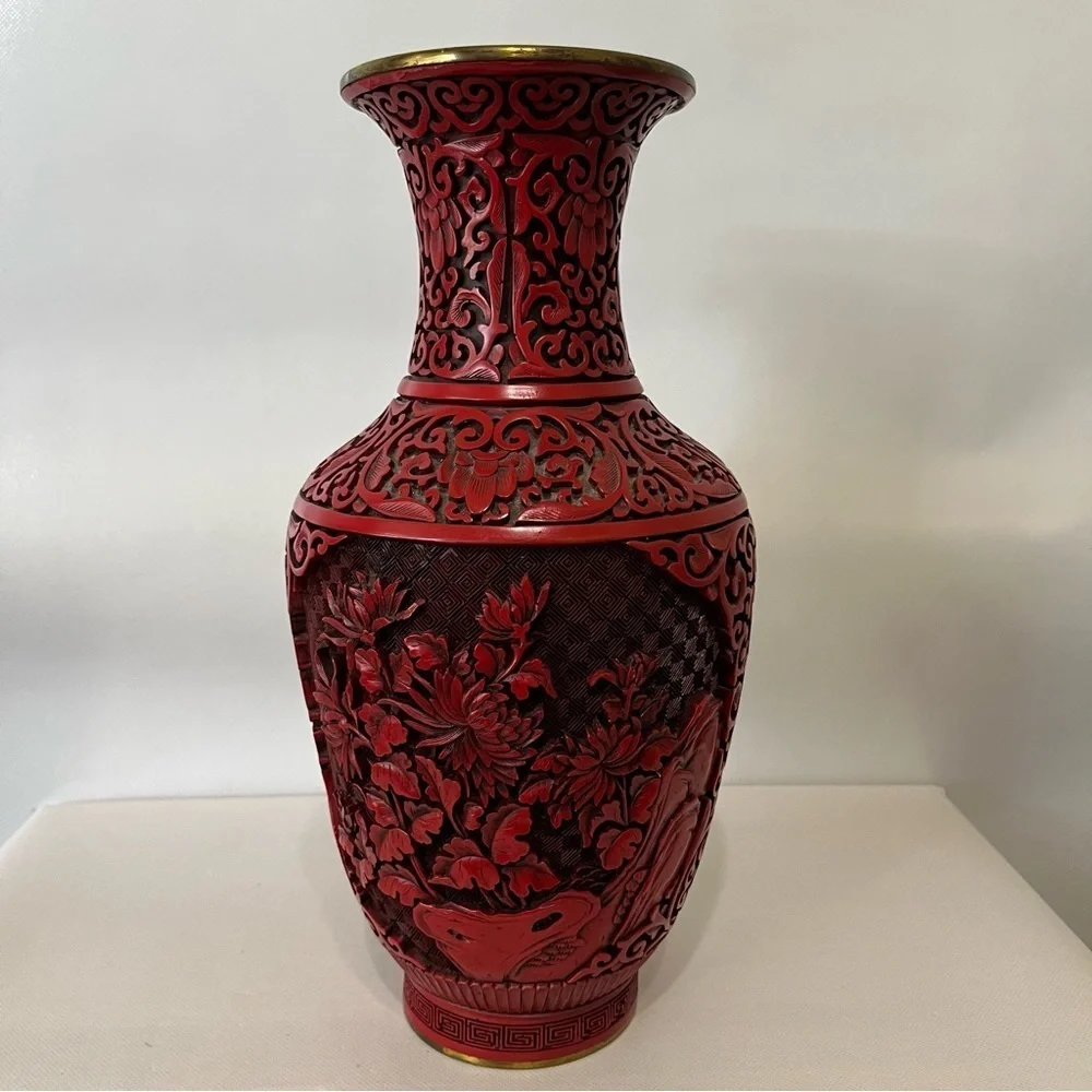 Vintage Red Cinnabar Vase Brass